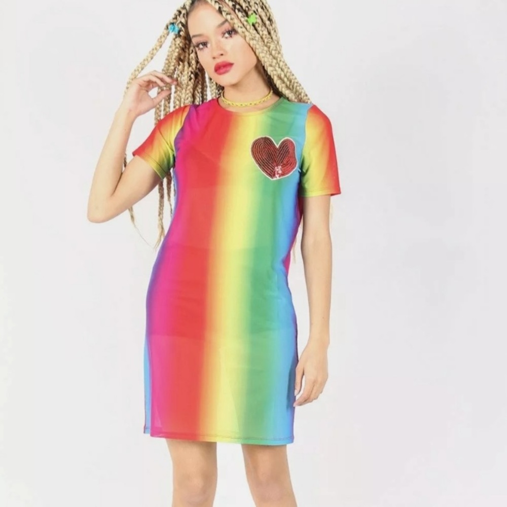 Iron fist heart rainbow colorful mini dress new